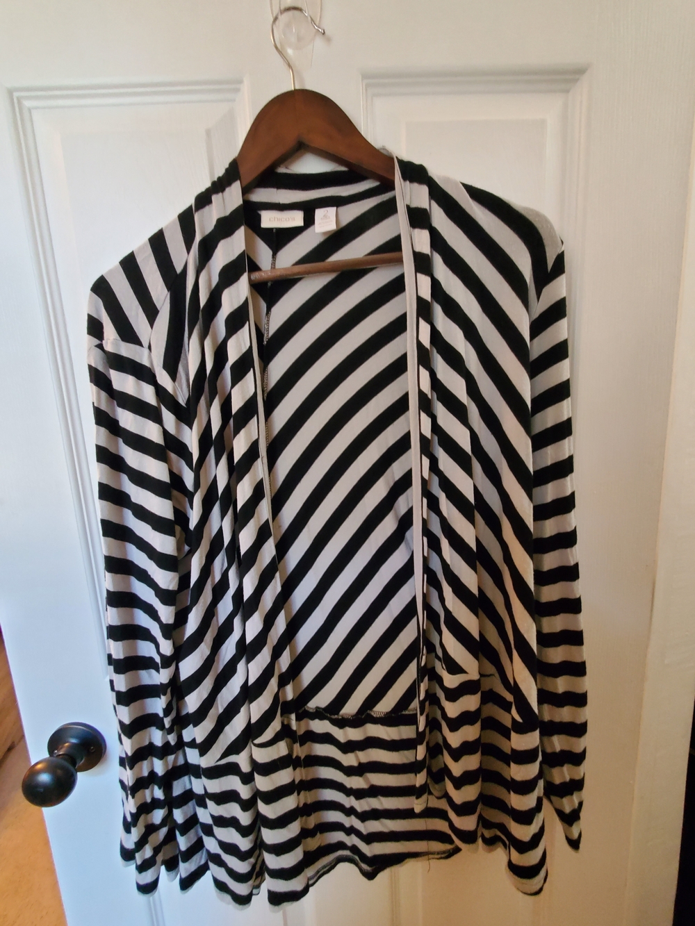 Chico's Black & White Striped Open-Front Cardigan